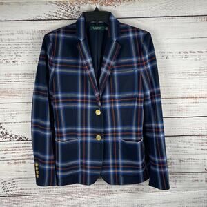 $170 Lauren Ralph Lauren Women's Size M Navy Blue Plaid Blazer Jacket